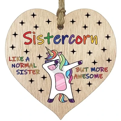Image of Sister Birthday Gift for Her Sistercorn Wooden Heart Plaques, Light Wood Sign Keepsake, Funny Happy Plaque Gifts Unicorn Awesome Present from Brother Step