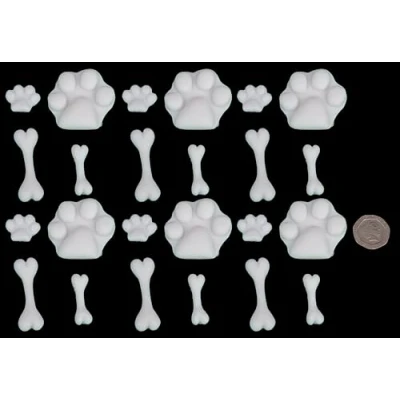 Image of 24 x Edible 3D Dog Paws and Bones icing toppers, cake cupcakes decorations (White)