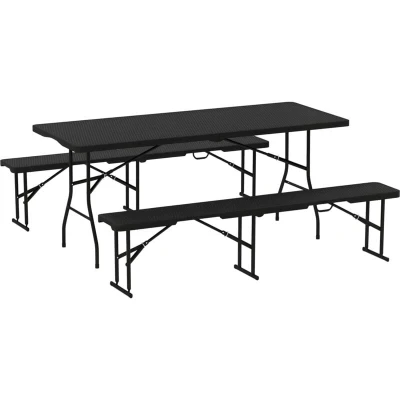 Image of Outsunny Folding Picnic Table and Bench Set, Rattan Effect Portable Camping Chairs with Carrying Handles for Indoor Outdoor, Dining, Camping, Picnic, BBQ, Party, Black
