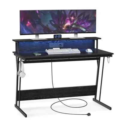 Image of VASAGLE Gaming Desk with LED Lights and Built In Power Outlets, Computer Monitor Shelf, Table for 2 Monitors, Office Desk, Bedroom, 60 x 120 76 cm, Ebony Black LWD292B56