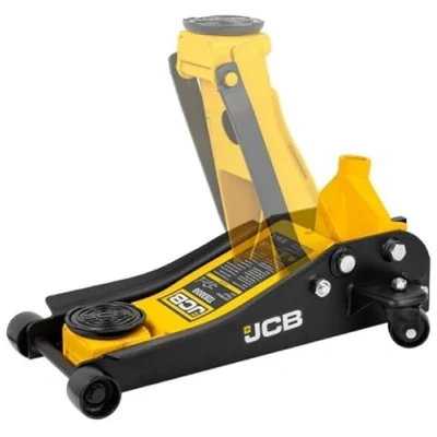 Image of JCB 2.5 Tonne Low Profile Hydraulic Trolley Jack, Steel construction, lift vehicles with up to 455mm of height, including SUVs, cars, and light commercial vehicles.