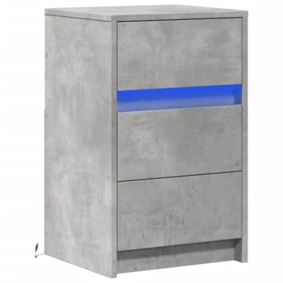 Image of vidaXL Bedside Cabinet with LED Lights Concrete Grey Nightstand Engineered Wood End Table for Bedroom/Living Room 38x34x61cm Ample Storage Drawer, Modern Design Ambience