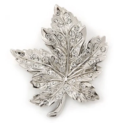 Image of Avalaya Silver Tone Clear Crystal Maple Leaf Brooch 50mm L