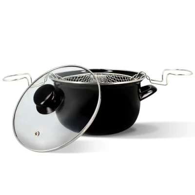 Image of MENASTYL Deep fryer 20 cm in black enamelled steel and chrome rim Supplied with lid basket for delicious homemade fries 3645579