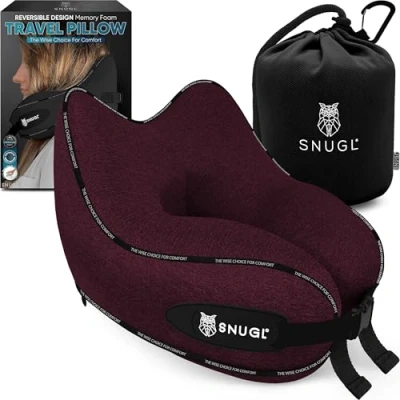 Image of SNUGL Travel Pillow Memory Foam Neck Cushion Flight Support for Airplane with Carry Bag &amp; Clip Flying Essentials (Dark Red)