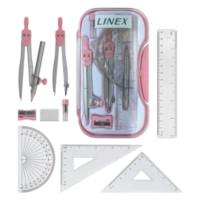 Image of Linex Pink Geometry Set, Maths Set for Exams, Secondary School, 10 Pieces, Compasses, Protractor