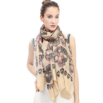 Image of Lina &amp; Lily Day of the Dead Sugar Skull Print Women&#039;s Scarf Shawl Wrap Lightweight (Tan)