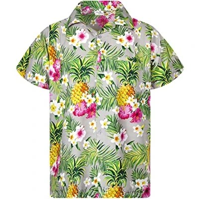 Image of King Kameha Funky Hawaiian Shirt Kids Boys, Shortsleeve, Print Pineapple Flowers, Grey, 14