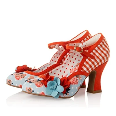 Image of Ruby Shoo Women&#039;s Imelda Orange Check Denim Mid Heel Mary Jane Pumps UK 6