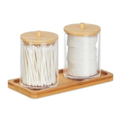 Image of Relaxdays Bathroom Container Set, Tray, 2 Cups, Bamboo Lids, Cosmetic Organiser, 11 x 19 9 cm, Transparent/Natural