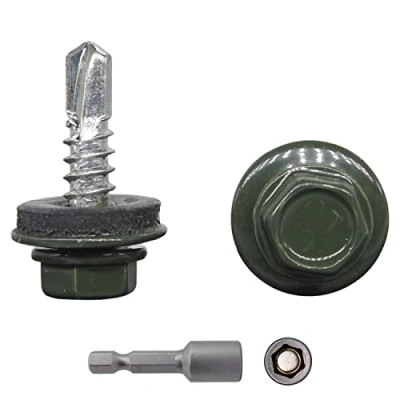 Image of (Pack of 150 pcs) Metal Roofing Screws, 4.8 x 19 mm Self Drilling Screws With EPDM Washers, Painted Hex Washer Head, Sheet Screw (150, RAL 6020)