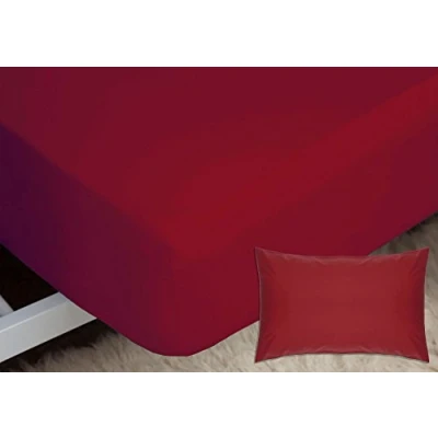 Image of Belledorm Red Fitted Sheet + Housewife Pillowcase Bundle Set, 200 Thread Count Percale, Mattress Depth 28cm (Single, Red)