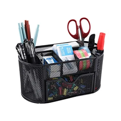 Image of EasyPAG Office Mesh Desk Tidy Versatile Stationery Storage Desktop Organiser Pen Holder with Drawer,Black