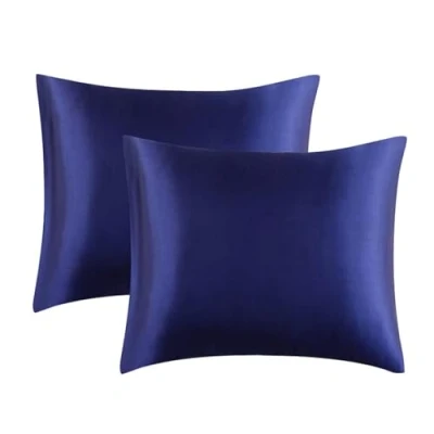 Image of Juwenin Home 2 Pack Satin Silk pillow Case Soft Pure Mulberry Cover for Hair and Skin with Envelope Closure (Navy, Standard(50x75cm))