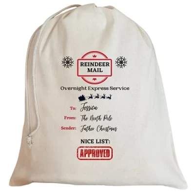 Image of Second Ave Cute Personalised Reindeer Mail Christmas Xmas Santa Sack Bag Gift