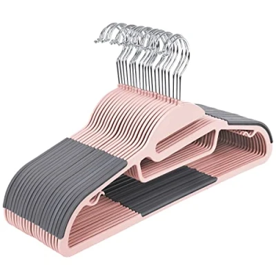 Image of SONGMICS Plastic Clothes Hangers CRP041P01 with U shaped Opening, Non Slip and Space Saving, 0.5 cm Thick, 41.5 Wide, 360 Rotating Hook, Pink/Dark Grey, Set of 20