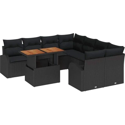 Image of vidaXL 9 Piece Garden Sofa Set with Cushions Black Poly Rattan
