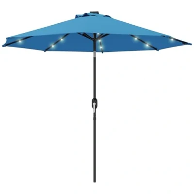 Image of Outsunny 2.7m Patio Garden Umbrella Outdoor Parasol Market Table with Tilt Crank and 24 LEDs Lights Blue