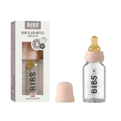 Image of BIBS Baby Glass Bottle. Anti Colic. Round Natural Rubber Latex Nipple. Supports Breastfeeding, Complete Set 110 ml, Blush