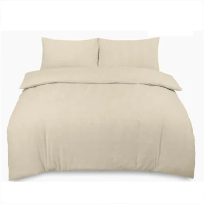 Image of Plain Dyed Duvet Cover Sets Double Bed Set, Brushed Cotton Quilt Bedding &amp; Linen Flannelette Double, Reversible Thermal Flannel Cream With Pillow Cases