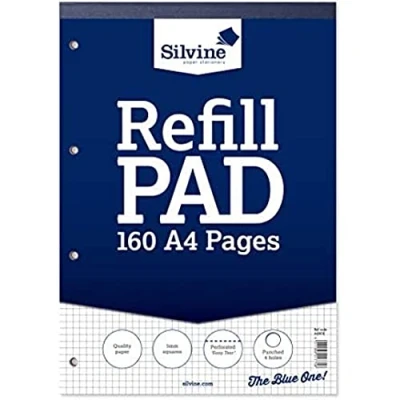 Image of Silvine 160 Page A4 Refill Pad, Head Bound and Punched 4 Holes. Ruled 5mm Squares. Ref A4RPX, White