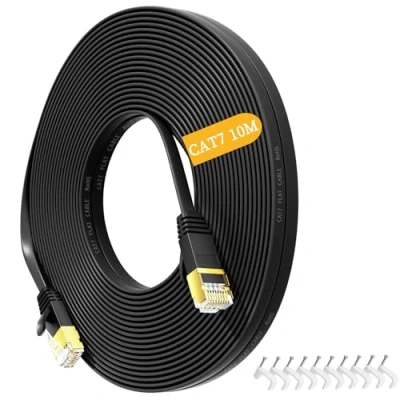 Image of Ethernet Cable 10m, Cat 7 Flat Lan Network High Speed 10Gbps 600MHz Long Internet 10meter Cat7 Wifi Cable, RJ45 Gigabit STP Shielded Black Patch Cord for Switch, Xbox, Router, Modem, PS5/4