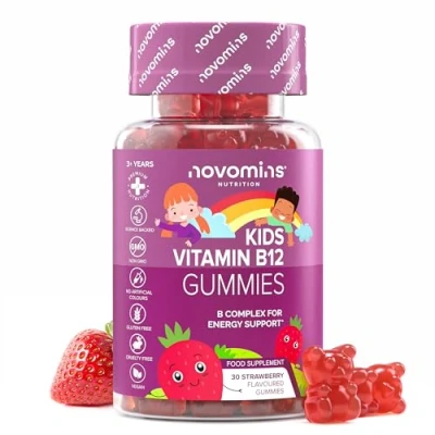 Image of Kids Vitamin B12 Gummies Energy &amp; Metabolism Support Supplement 30 Chewable Childrens B Complex Supplements Vegan Enriched with B1, B2, B6, Biotin Made by Novomins