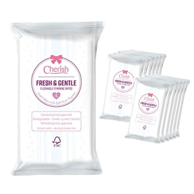 Image of Cherish Flushable, Biodegradable Fresh &amp; Gentle Intimate Feminine Hygiene Wipes, Balances PH (12 packs x 15 wipes totaling 180 wipes)