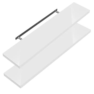 Image of CASARIA Set of 2 Floating Shelves w/Brackets 50 110cm 15kg Capacity Hidden Wall Fixing Kitchen Office Lounge Hallway Modern Decorative High Gloss Hanging Shelving White 90cm