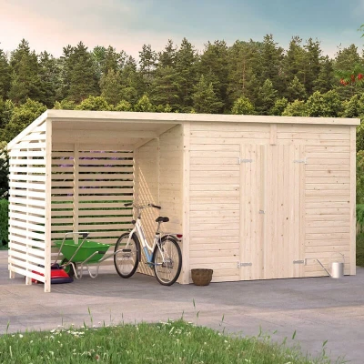 Image of 16&#039; x 6&#039; Palmako Leif Heavy Duty Wooden Shed with Bike Shelter (4.7m 1.9m)
