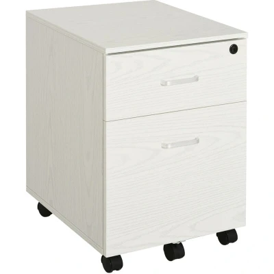 Image of Vinsetto 2 Drawer Locking Office Filing Cabinet w/ 5 Wheels Rolling Storage Hanging Legal Letter Files Cupboard Home Organisation White Wood Grain