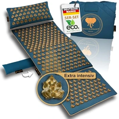 Image of CALM ELEPHANT ORIGINAL Acupressure Mat XXL Set Extra Intensive for Advanced Users Mandala Pro Premium 5 Pieces (+ Lumbar Cushion, Door &amp; Bag) Acupuncture Relieves Tension, Blue