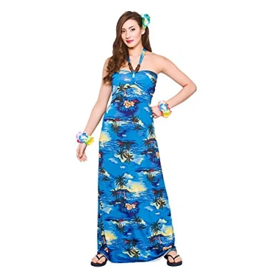 Image of Adult Hawaiian Maxi Dress Blue Palm Large