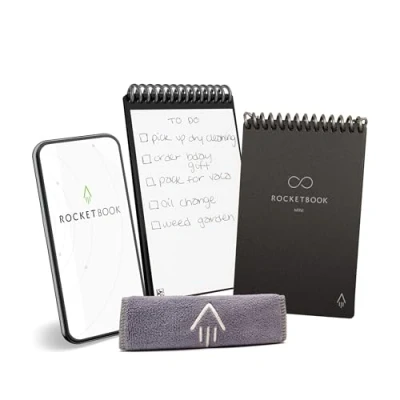 Image of Rocketbook Mini Reusable Smart Notepad, Pocket Size Notebook 8.9 x 14 cm, Black 48 Dotted Pages, App Connected, Erasable, Ideal for On The Go List Taking &amp; Quick Notes Anywhere