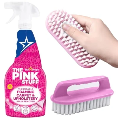 Image of Foaming Carpet Stain Remover &amp; Upholstery Cleaner + Cleaning Scrubbing Brush Soft Sturdy Briistles for Easy 500ml