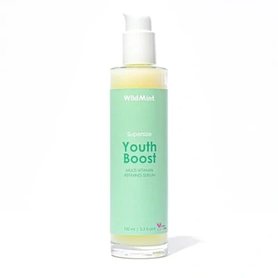 Image of WildMint Youth Boost Natural Face Serum Hydrating Anti Aging for Sensitive, Dry, Mature &amp; Menopause Skin Hyaluronic Acid Vitamin C UK Made Vegan Cruelty Free Skincare 100ml