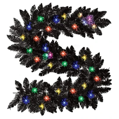 Image of SHATCHI Green White Imperial Pine Wreath Christmas Holiday Xmas Home Office Fireplaces Stairs Decoration with Non Pre Lit (CW/WW, Black w/Multicolour LEDs, 2m Garland