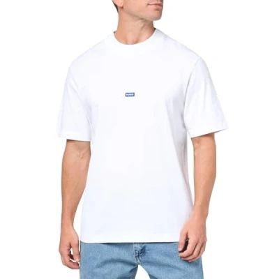 Image of HUGO Men&#039;s Small Logo Block Cotton T Shirt, White Salt, Large