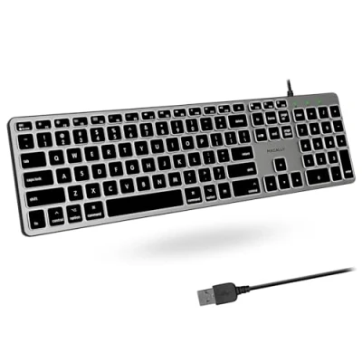 Image of Macally Backlit Mac Keyboard Wired Quiet, Sleek, and Functional 3 Brightness Levels, 107 Keys 5ft USB Apple for Mac, iMac, MacBook Pro/Air Space Gray
