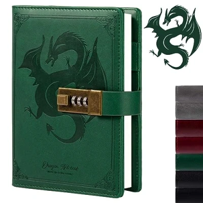 Image of Dragon Leather Journal, Hardcover Notebook, Locked Refillable Diary, Lined/Blank Paper Writing Journals with Combination Lock for Men Women Child (Green)