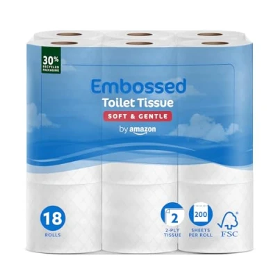 Image of by Amazon Toilet Roll, 2 Ply Embossed, Soft and Gentle, 18 Rolls (Pack of 1), 200 Sheets per FSC Certified