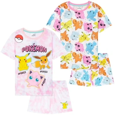 Image of Get Trend Pokemon PJs Girls 2 Pack Short Sleeve Pyjamas Set Pikachu Lounge Sets Tie Dye Nightwear Anime Gifts for (7 8 Years, Multi Pokemon, 2)