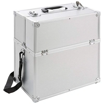 Image of Arebos Aluminium Make Up Case Cosmetic Hard Vanity Beauty 2 Locks with Keys 4 x Fold Out Trays Carry Handle &amp; Strap Silver