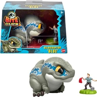 Image of Mattel ​Jurassic World Bite Club Collectible Figure, Velociraptor &#039;Blue&#039; Chubby Stylized Dinosaur Approx 4 Inch Figure with Accessory​ (HVB37)