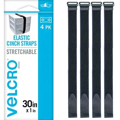 Image of VELCRO Brand 30 Inch Elastic Straps 4 Pack Stretchable and Adjustable for Snug Fit Fasten Outdoor Umbrellas, Wood, Tarps, Blankets, Poles, More Cinch with Buckle, Black 30x1