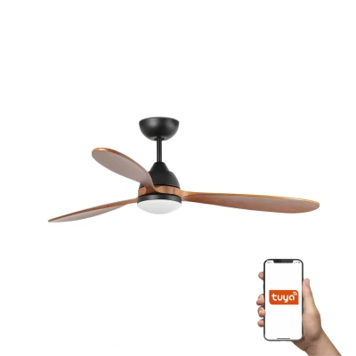 Image of Poros Large 3 Blade Ceiling Fan Matt Black, Walnut with Light 2700K Tuya Smart System