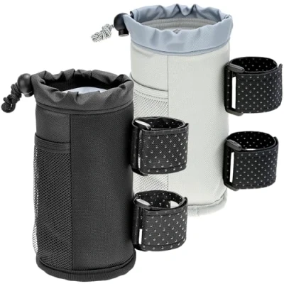 Image of QWORK® 2 Pack Universal Bike Bottle Holder Drink with Mesh Pocket and Drainage Hole Fits Stroller, ATV, Wheelchair, Golf Cart Easy Install Adjustable Straps