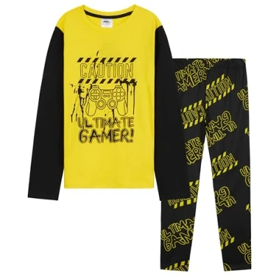 Image of CityComfort Boys Long Pyjama Set, Comfortable Breathable Sleepwear PJs Gamer Gifts for (Black/Yellow, 11 12 Years)