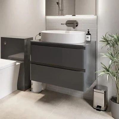 Image of Affine® 800mm Vanity Unit Bathroom Wall Mounted Storage Cabinet Cupboard Cloakroom, Soft Close Drawers, Lorient White Countertop Basin Sink, Grey Gloss