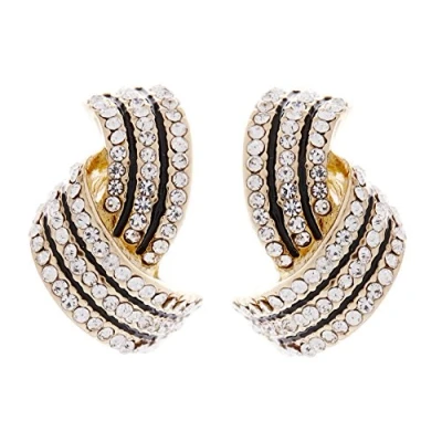 Image of Clip On Earrings Gold Plated Stud With Clear Crystals And Black Enamel Camila